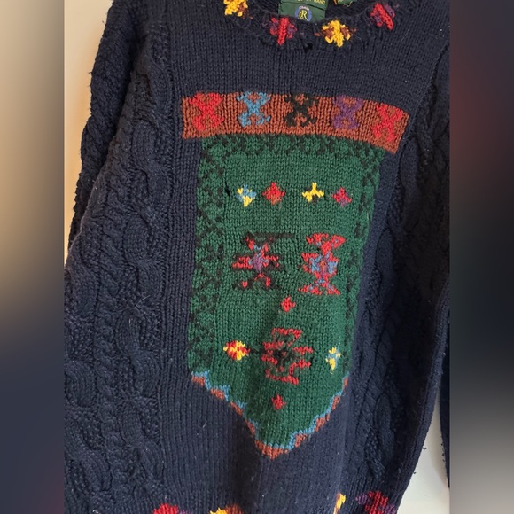 VINTAGE Club Room Knitted by Hand Blue Sweater Men Medium Knit Crest 100% Wool - Picture 3 of 9